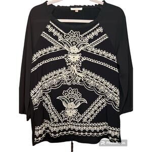 Skies are Blue Women's Black Embroidered 3/4 Sleeve Top